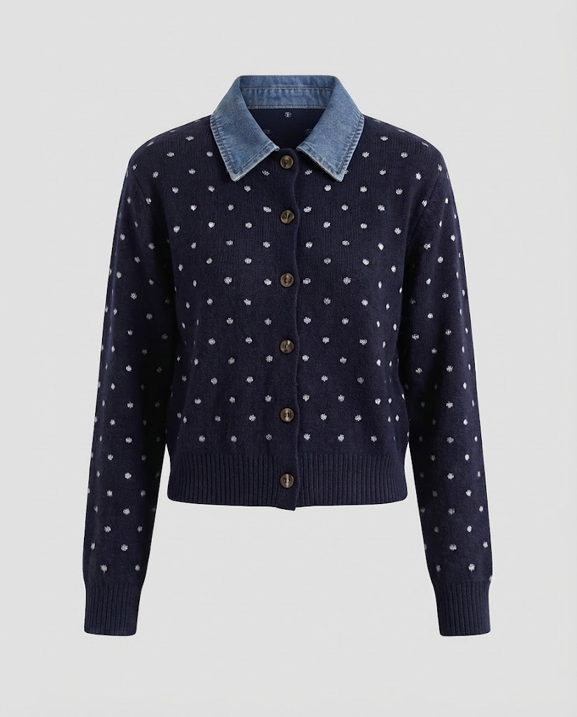 Damen Gepunktete Strickjacke mit Jeanskragen und Knopfleiste Drune