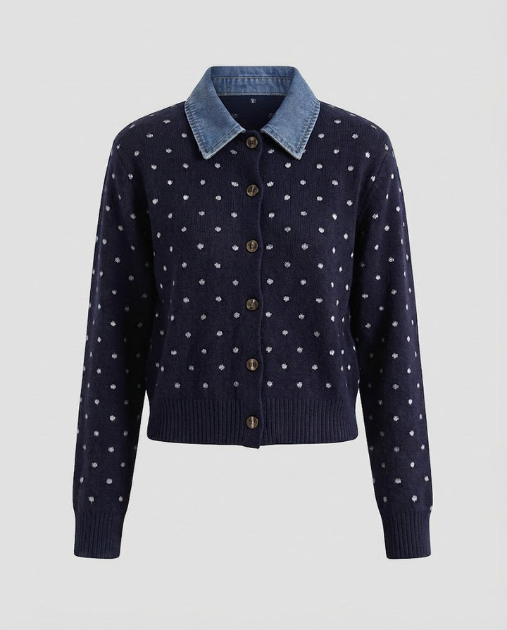 Damen Gepunktete Strickjacke mit Jeanskragen und Knopfleiste Drune