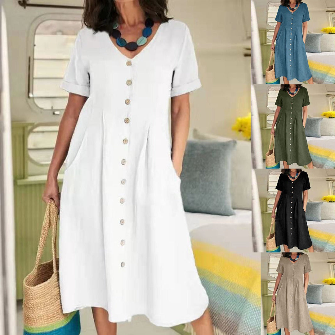 Drune | Lockeres Kleid aus Baumwolle und Leinen mit hoher Taille