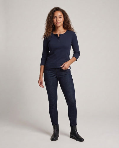 Damen Geripptes Henley-Cropped-Shirt mit Dreiviertelärmeln Drune