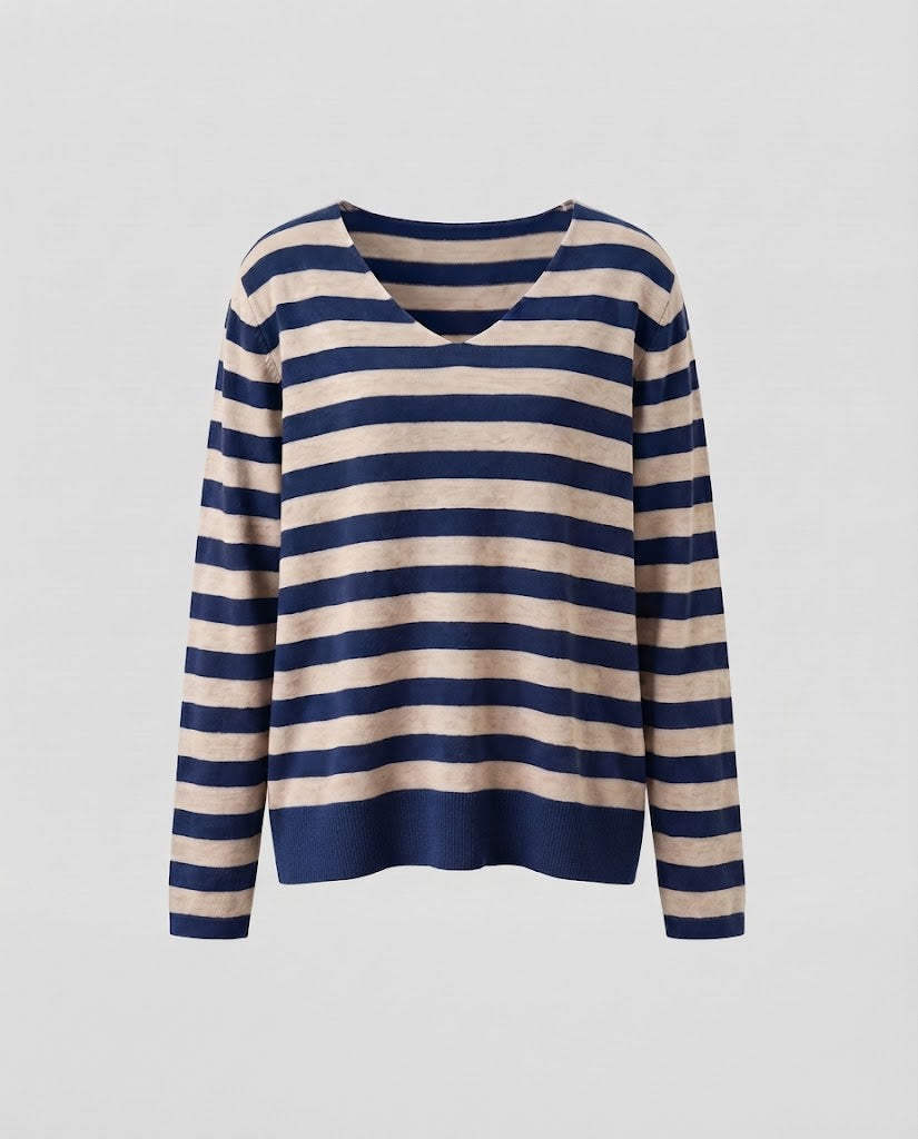 Damen Gestreifter Feinstrickpullover mit V‑Ausschnitt und lässiger Oversize‑Passform Drune