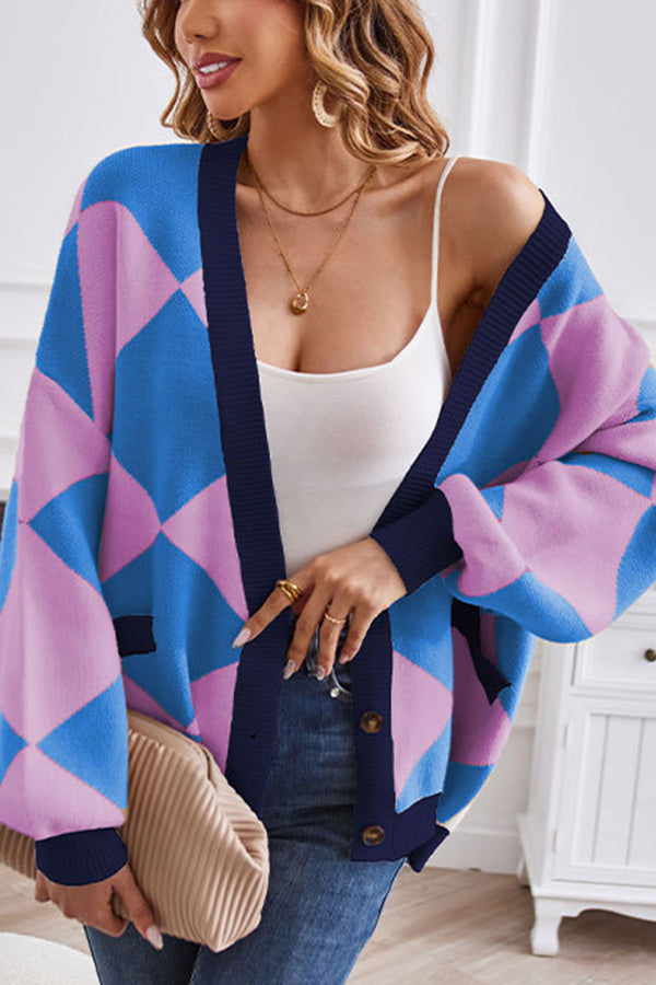 Drune | Hals geometrisches Patchwork kontrastierender Strickcardigan lässige lockere Jacke