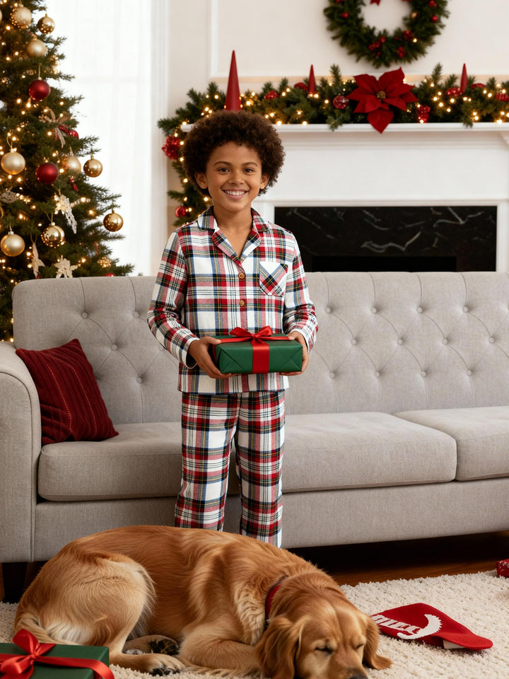 Drune | Urlaub Familie Rot Karierte Knopf-Front Weihnachts-Pyjama Set