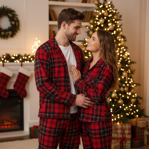 Drune | Familie Urlaub Weihnachten Baumwolle Rot Karierte Pyjama Set