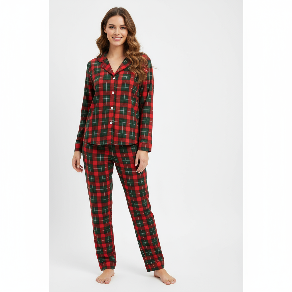 Drune | Weihnachtsrot und Grün Karo Knopfverschluss Familien Pyjama Sets