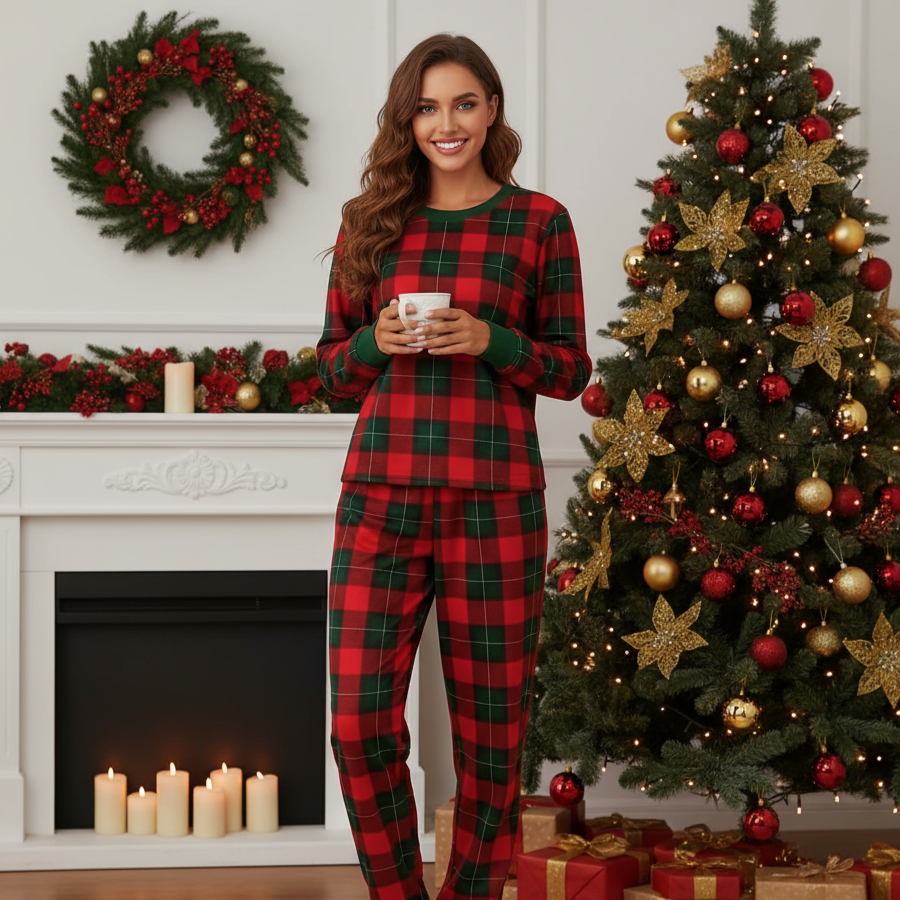 Drune | Passende Familien-Schlafanzüge Grüner Karierter Weihnachts-Pyjama Set