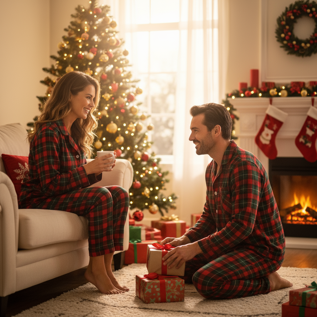 Drune | Weihnachtsrot und Grün Karo Knopfverschluss Familien Pyjama Sets