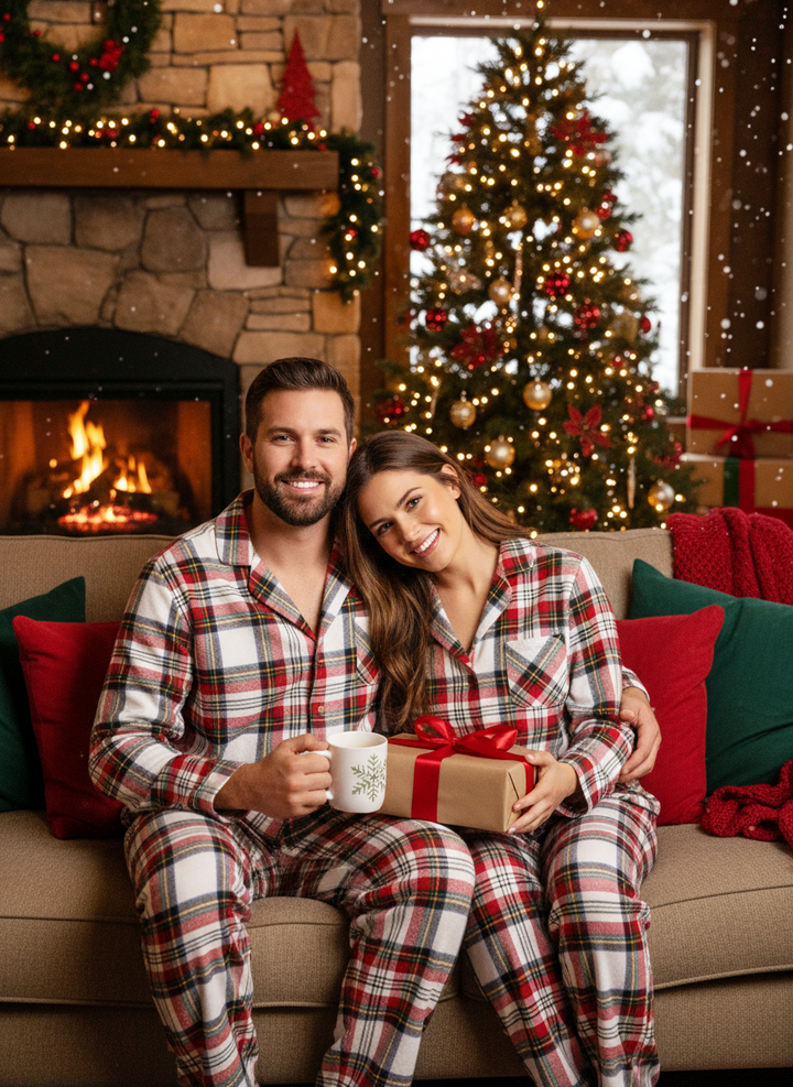 Drune | Urlaub Familie Rot Karierte Knopf-Front Weihnachts-Pyjama Set