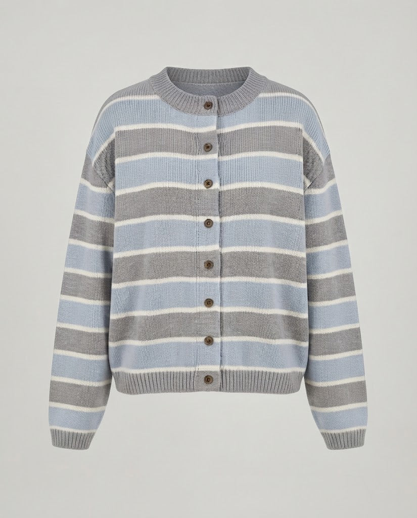 Damen Kurze Feinstrick-Cardigan mit Horizontalstreifen und Knopfleiste Drune
