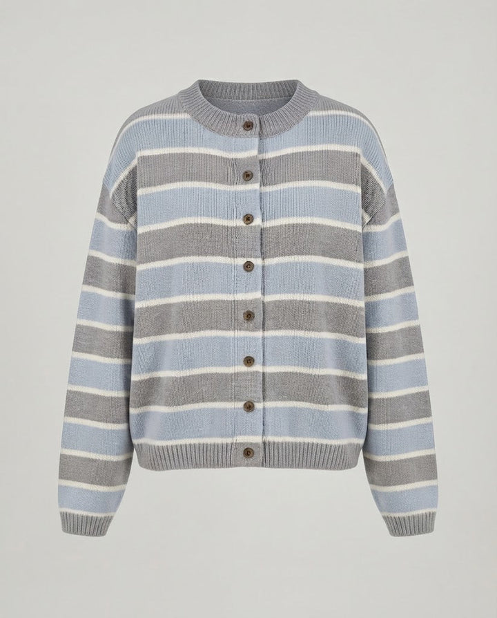 Damen Kurze Feinstrick-Cardigan mit Horizontalstreifen und Knopfleiste Drune