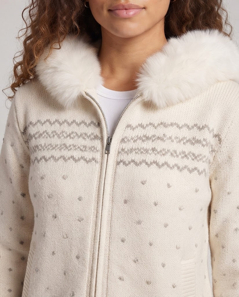Damen Gefütterte Strickjacke mit Reißverschluss und Kunstfellkapuze Drune