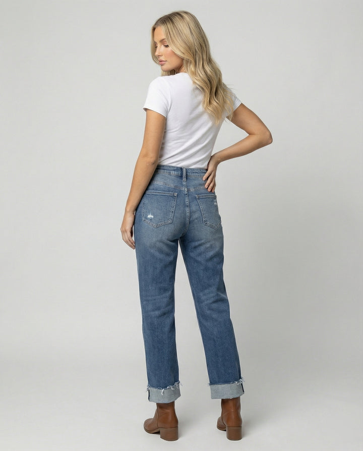 Drune - Damen Gewaschene Denim Hose, Hochbund mit Taillenzug