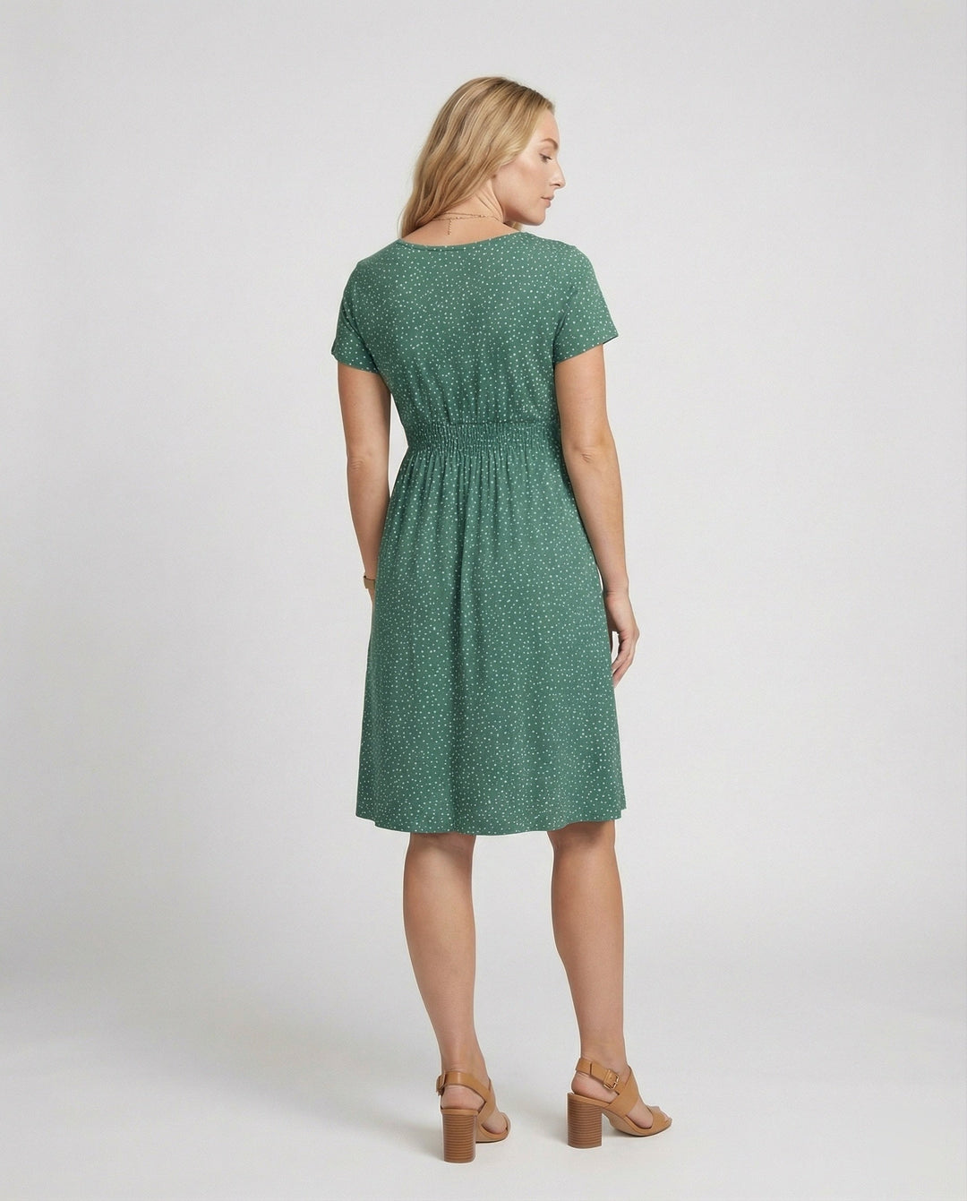 Damen Elegantes Grünes Midikleid mit Punktmuster & Kurzen Ärmeln | Drune