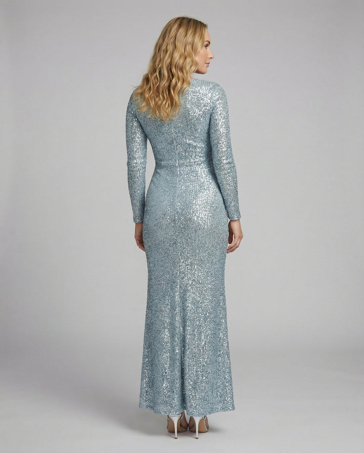 Drune | Give Em' Glam Paillettenkleid mit Langen Ärmeln und Gekreuztem Taillendetail Abend-Maxikleid