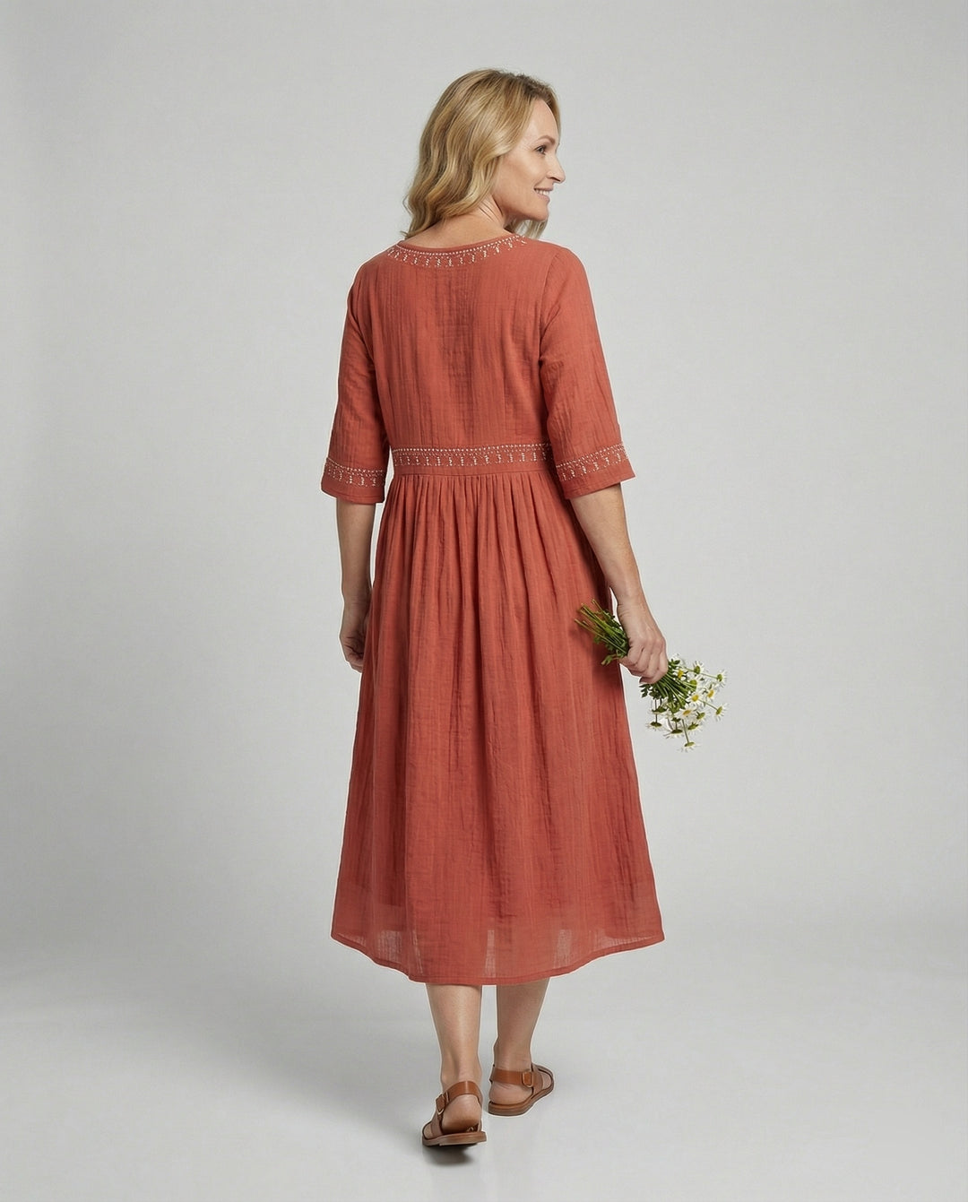 Drune - Damen Besticktes Baumwoll-Leinen Kleid, Luftig & Locker Geschnitten