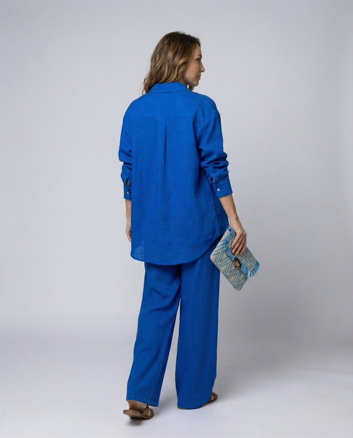 Damen Lässiges Leinen-Outfit mit weit geschnittenem Hemd und lockeren Hosen Drune