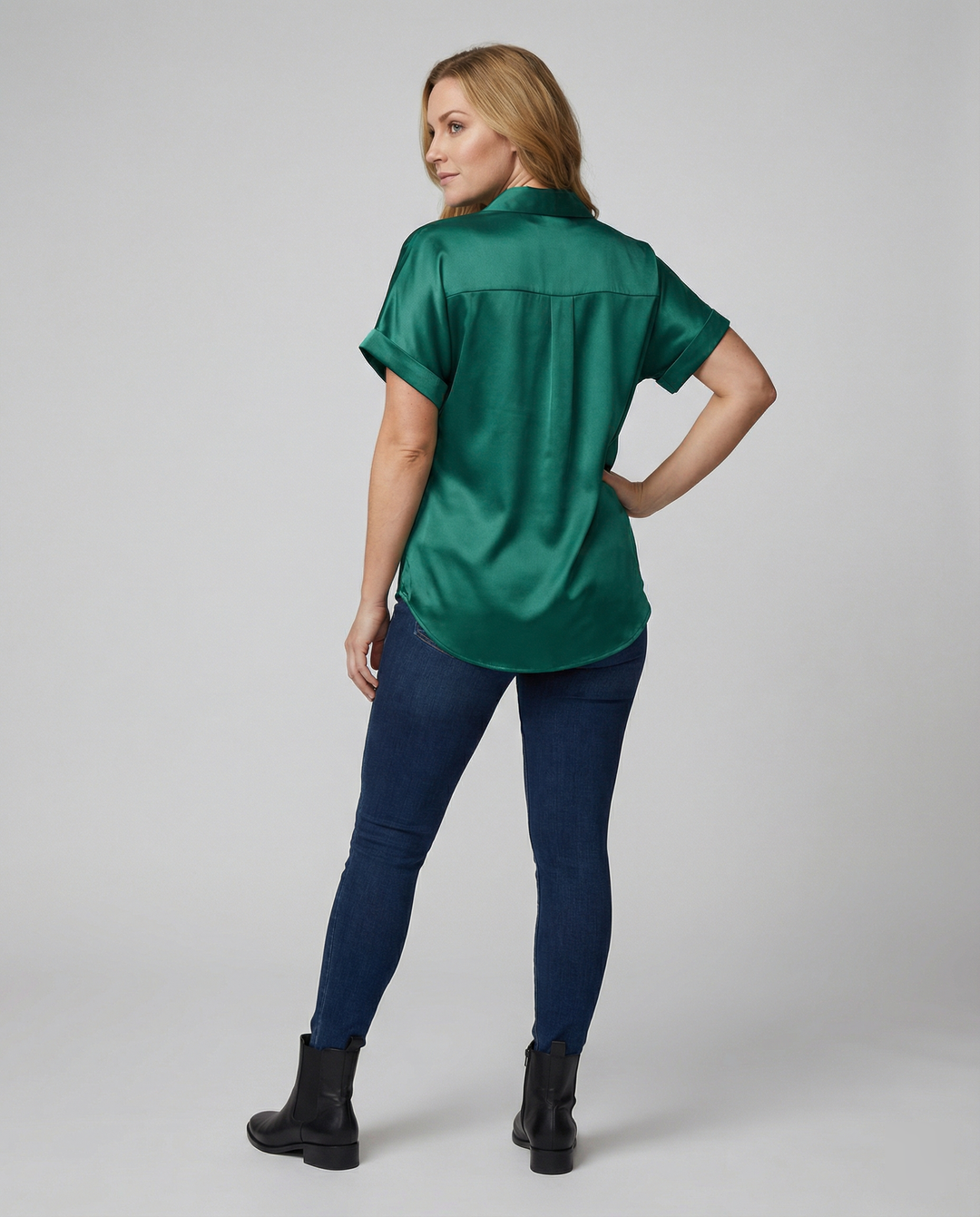 Damen Satin-Bluse mit großem Kragen und überschnittenen Schultern Drune