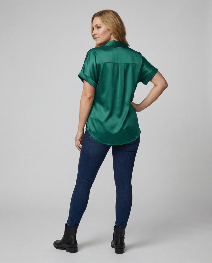 Damen Satin-Bluse mit großem Kragen und überschnittenen Schultern Drune