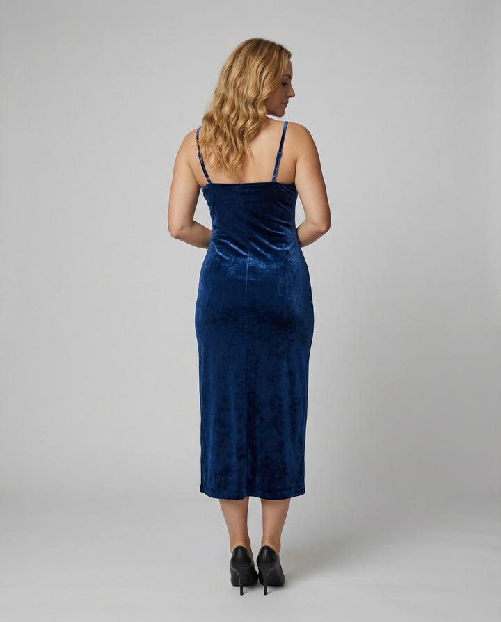 Damen Samt-Midi-Kleid mit tiefem V-Ausschnitt und seitlichem Schlitz Drune