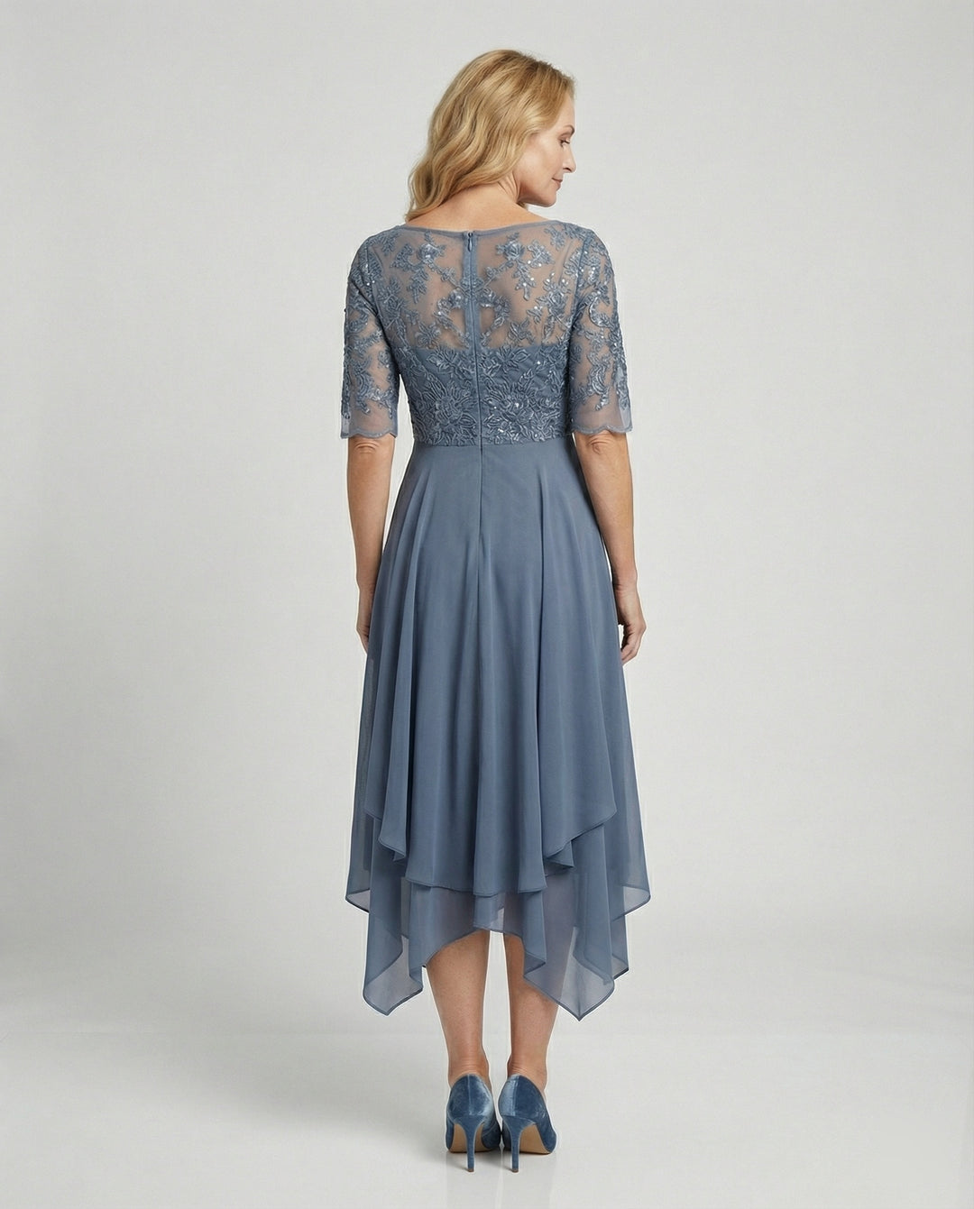 Drune - Damen Elegantes Spitze Chiffon Midikleid, Fließend & Feminin Geschnitten