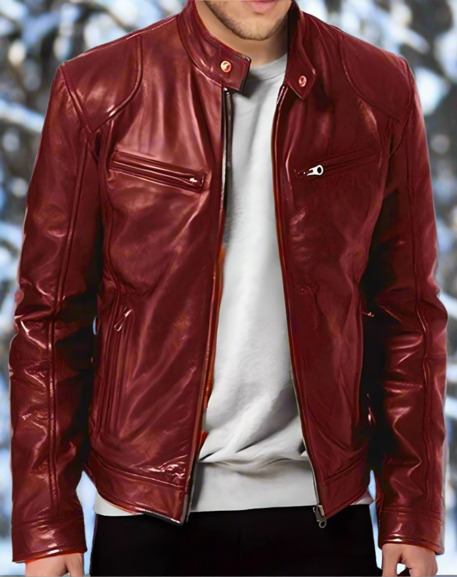 Drune | Lederjacke Slim Fit Stehkragen Mit Druckknopf Reißverschlusstaschen Zeitloser Stil