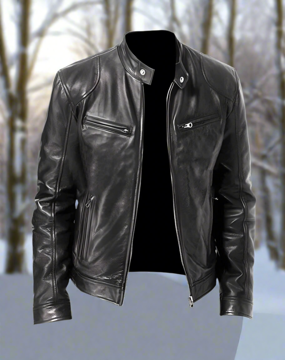 Drune | Lederjacke Slim Fit Stehkragen Mit Druckknopf Reißverschlusstaschen Zeitloser Stil