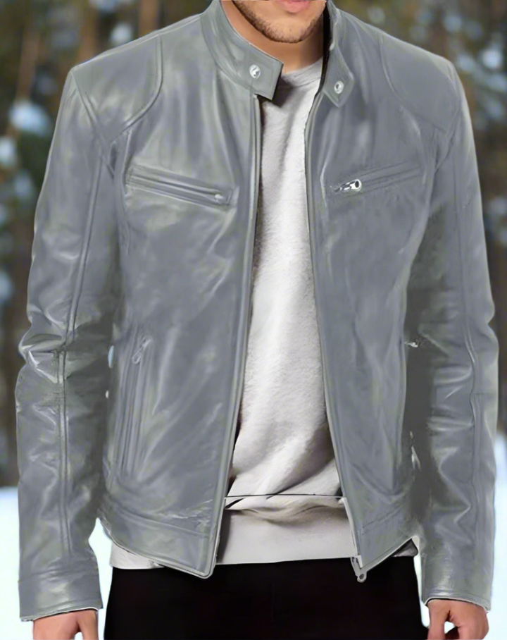 Drune | Lederjacke Slim Fit Stehkragen Mit Druckknopf Reißverschlusstaschen Zeitloser Stil