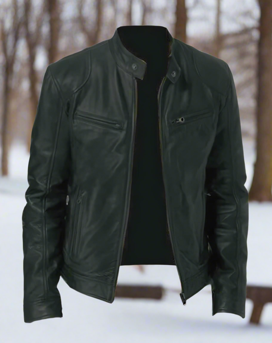 Drune | Lederjacke Slim Fit Stehkragen Mit Druckknopf Reißverschlusstaschen Zeitloser Stil