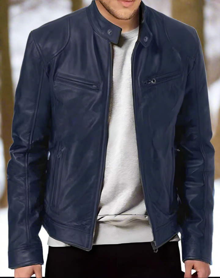 Drune | Lederjacke Slim Fit Stehkragen Mit Druckknopf Reißverschlusstaschen Zeitloser Stil