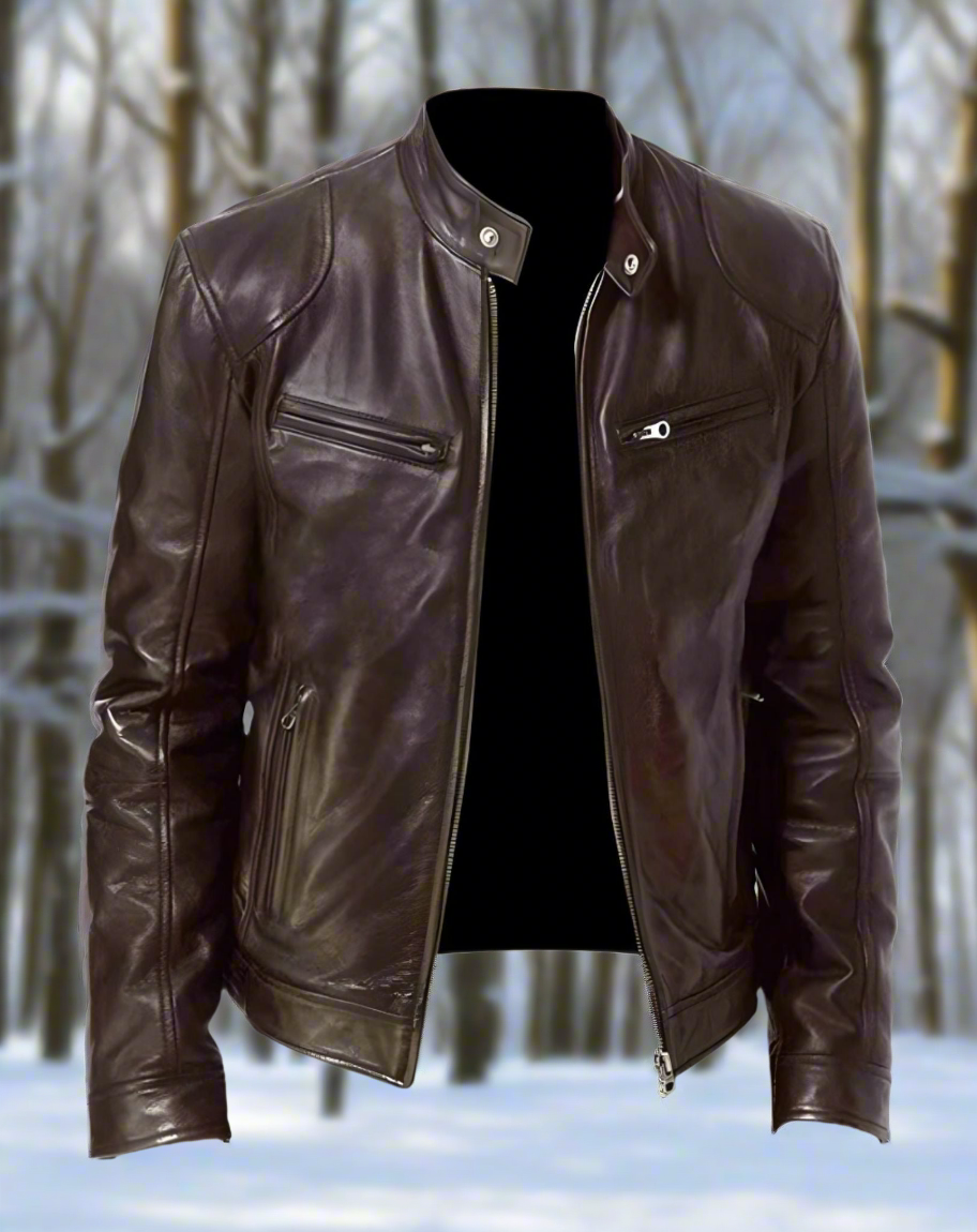 Drune | Lederjacke Slim Fit Stehkragen Mit Druckknopf Reißverschlusstaschen Zeitloser Stil