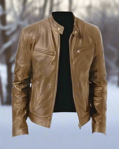 Drune | Lederjacke Slim Fit Stehkragen Mit Druckknopf Reißverschlusstaschen Zeitloser Stil
