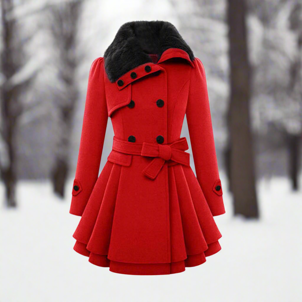 Drune | Mantel - Doppelreihig - A-Linie Schnitt - Taillengürtel & Kunstpelzkragen