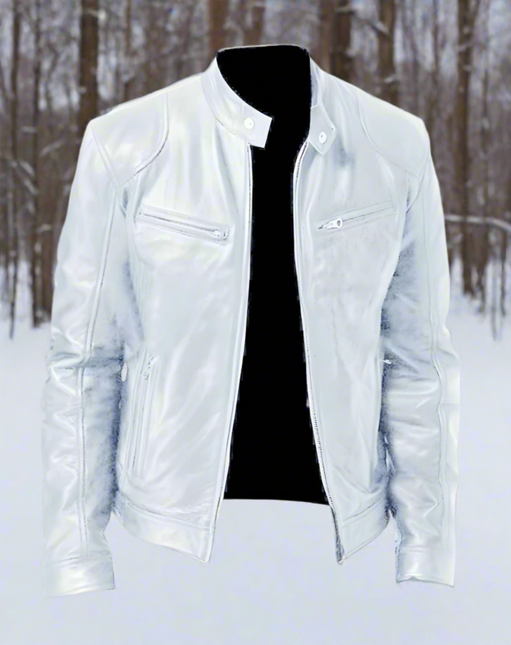 Drune | Lederjacke Slim Fit Stehkragen Mit Druckknopf Reißverschlusstaschen Zeitloser Stil