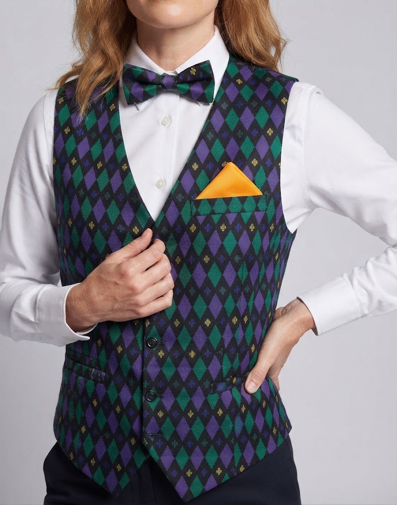 Damen festliche Weste mit buntem Karomuster und passenden Accessoires Drune