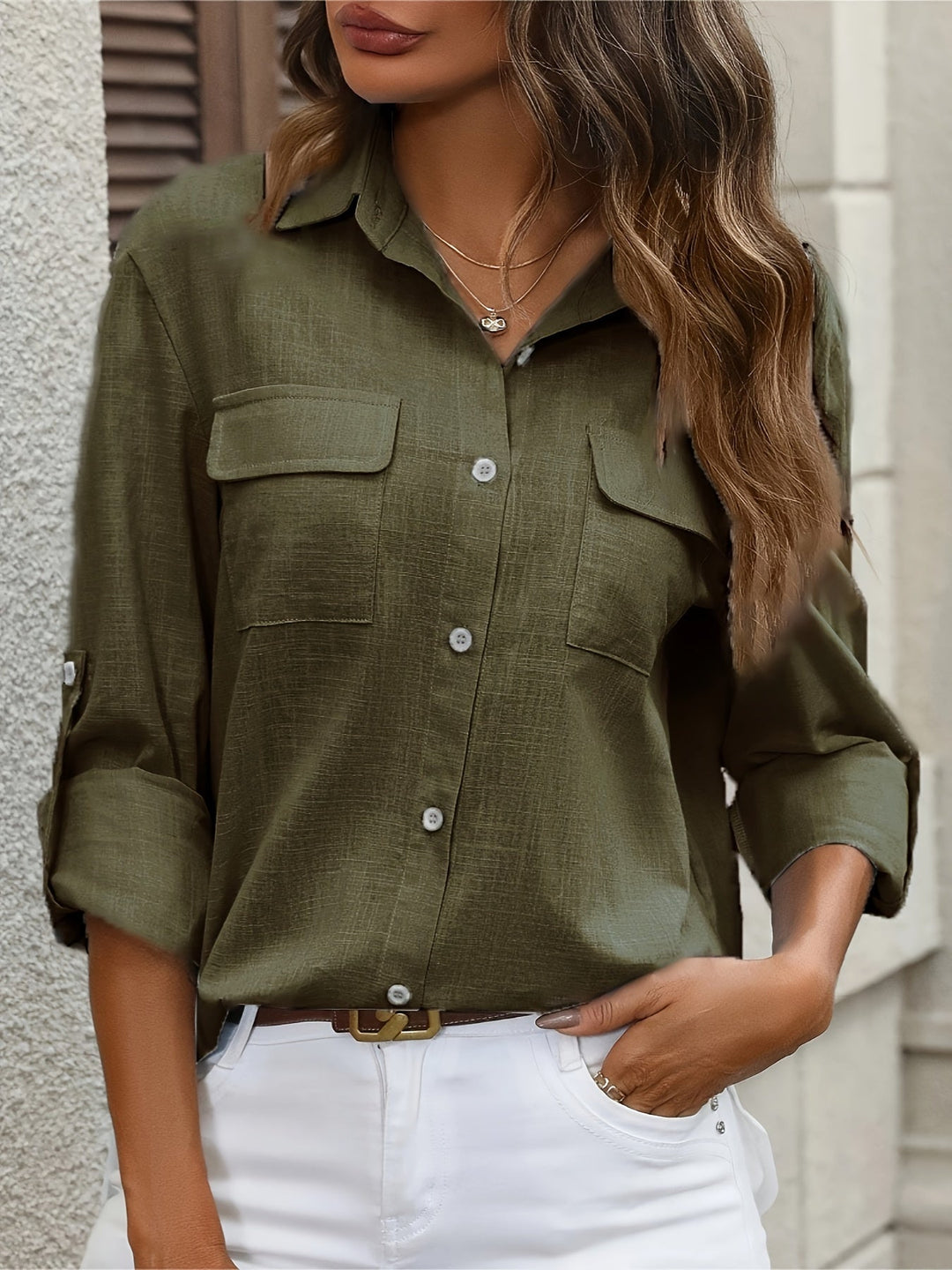 Drune | Elegante Damen Baumwollbluse mit Taschen und Langen Ärmeln