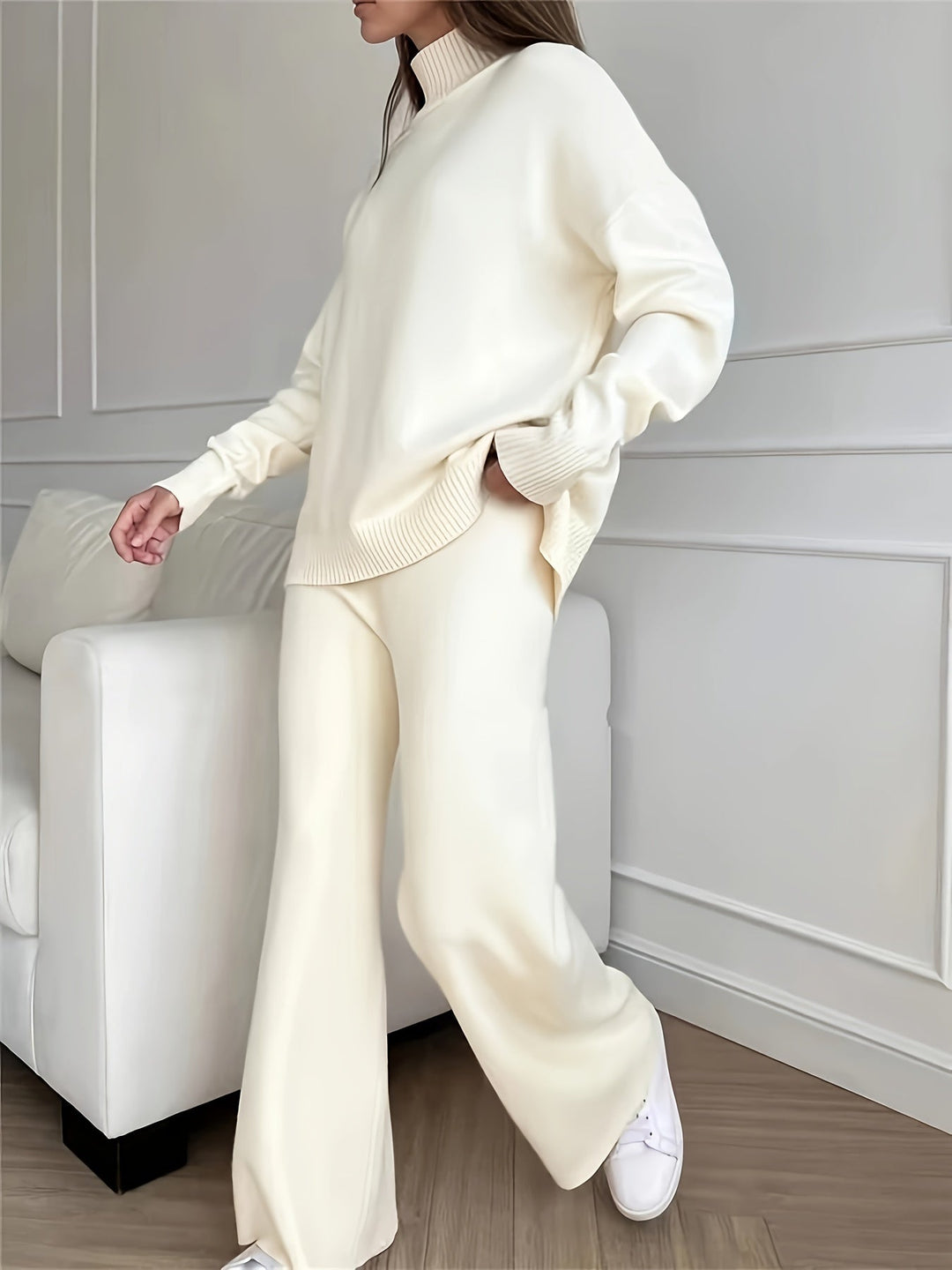 Drune | Einfarbiger Rollkragenpullover Und Strickhosen Outfit Set Für Damen - Perfekt für lässige Tage