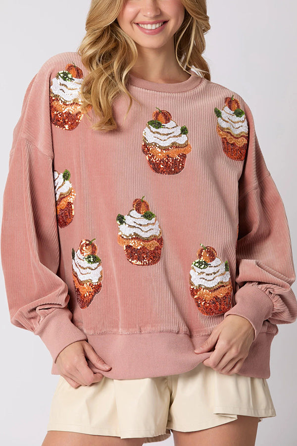 Drune | Weihnachts-Pumpkin-Kuchen Pailletten Rundhals lockeres Sweatshirt