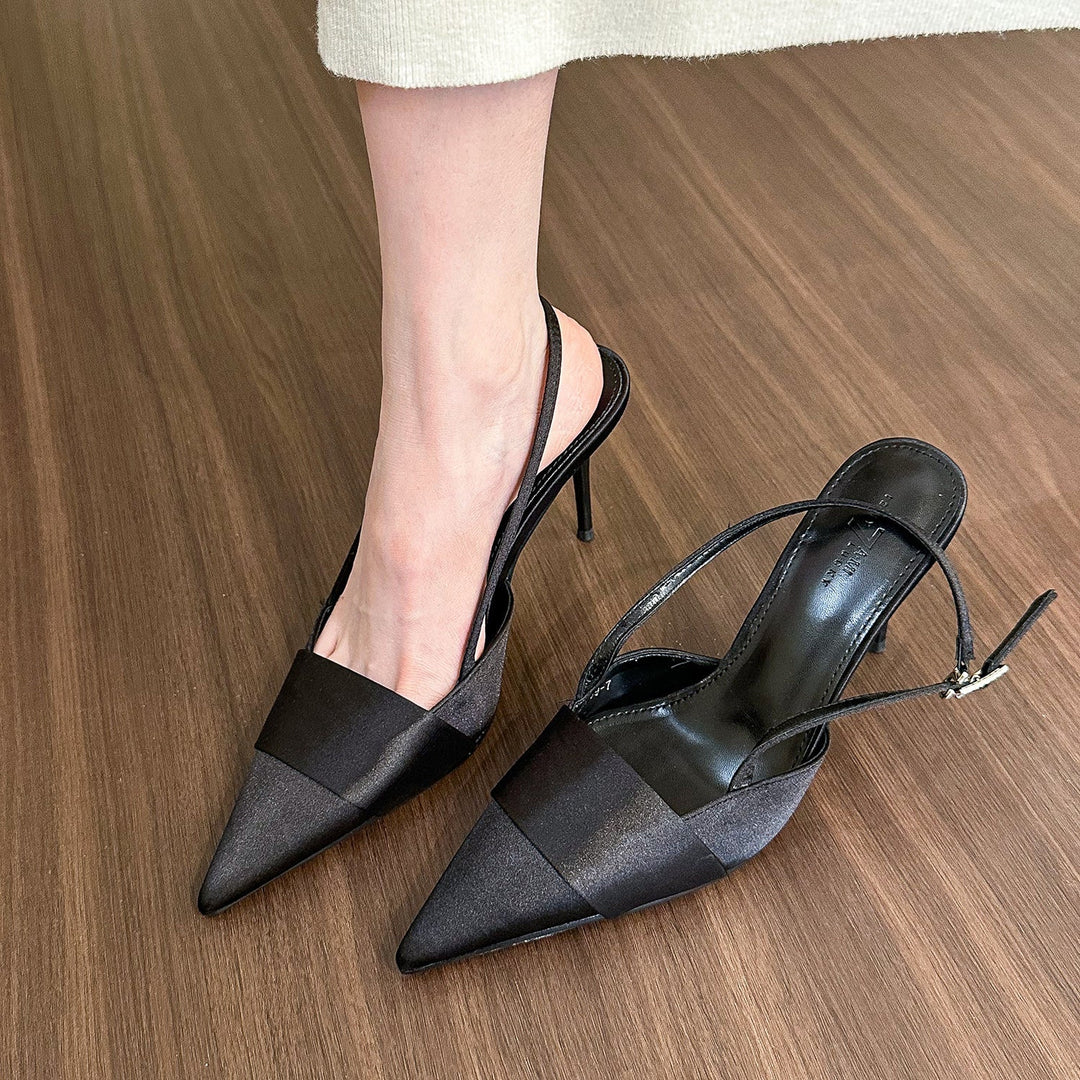 Drune | Damen Geschlossene Zehe Spitz Zehen Silber Satin Sandalen