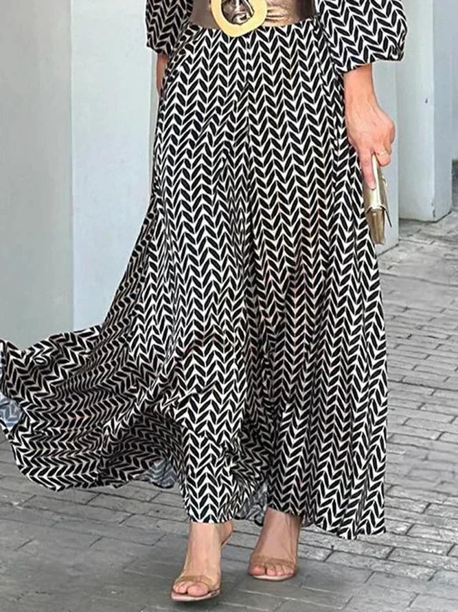 Drune Maxi-Kleid | Elegantes modernes Damenkleid in A-Linie mit langen Ärmeln und Gürtel