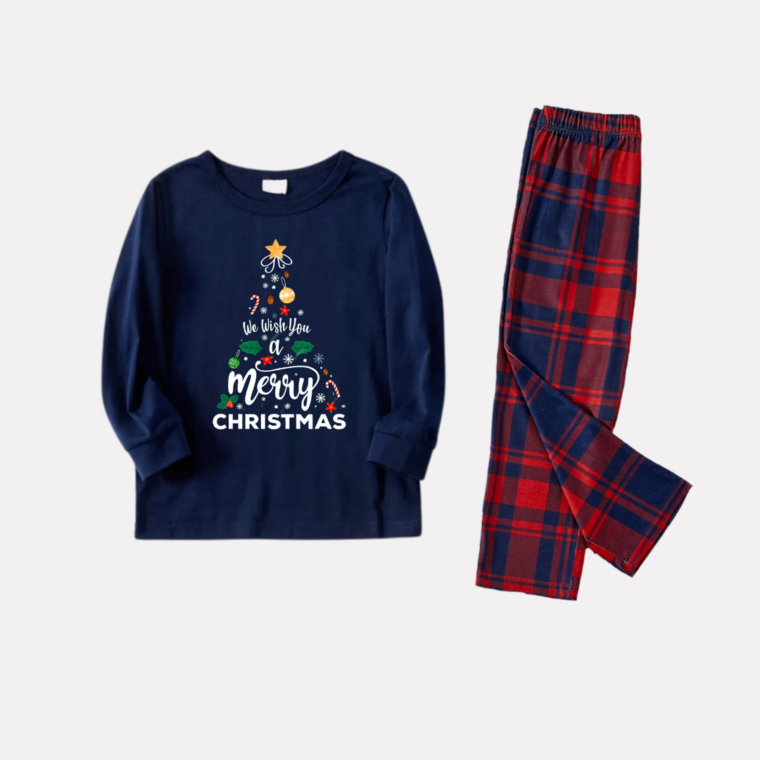 Drune | "Wir wünschen Ihnen einen frohen Weihnachten" bedrucktes blaues Longsleeve-Oberteil mit blauen und roten karierter Paarpassenden Pyjamas