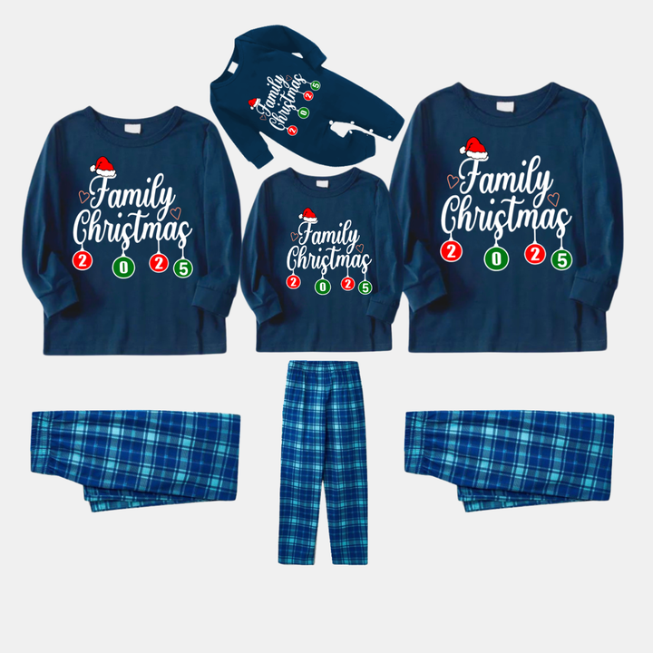 Drune | "Familienweihnachten 2025" Briefdruck Blau Langarmshirt Mit Blauer Karierter Passenden Familienpyjama