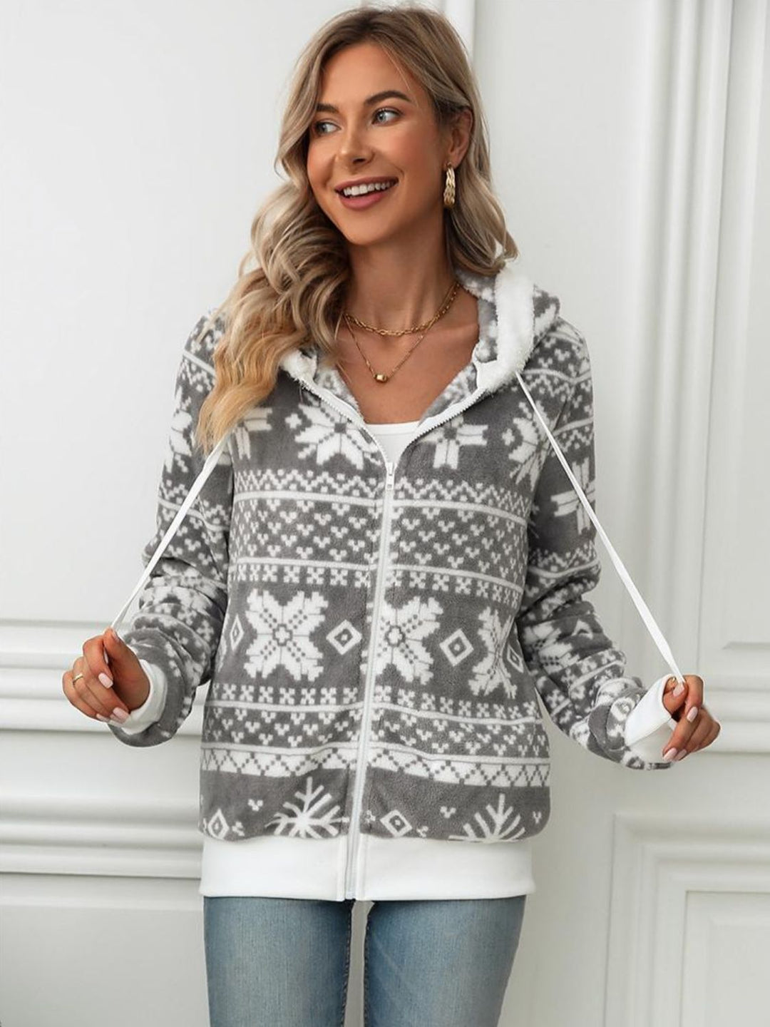 Drune | Jacke mit Reißverschluss und Kapuze, Schneeflocken und Kordelzug