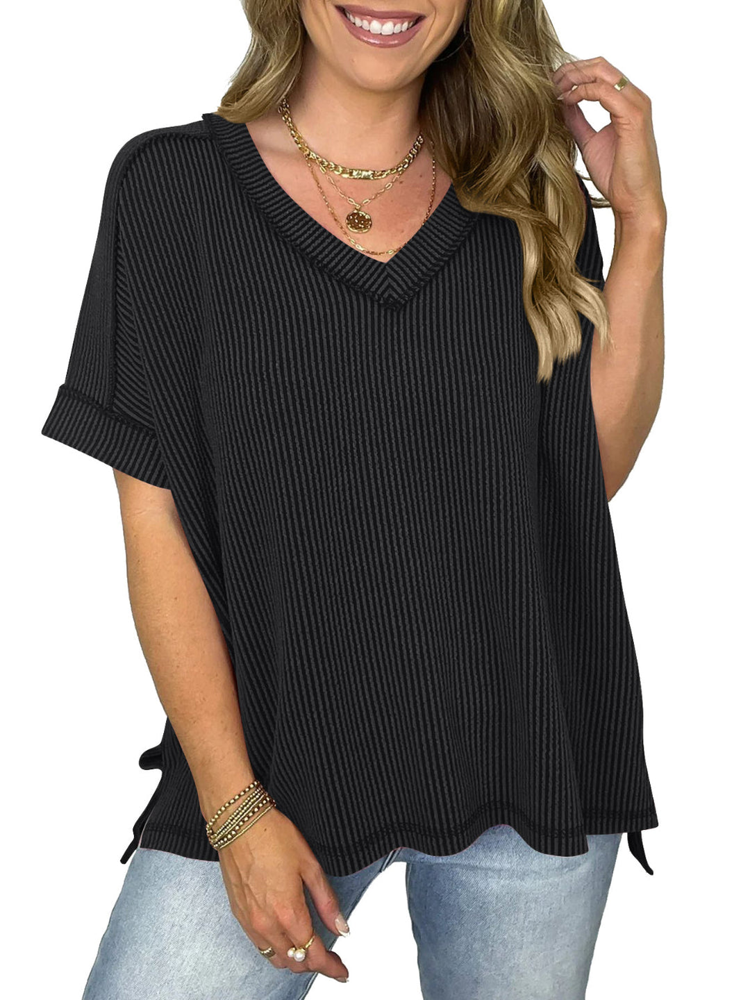 Drune | Cord-Ripp V-Ausschnitt Kurzarm T-Shirt