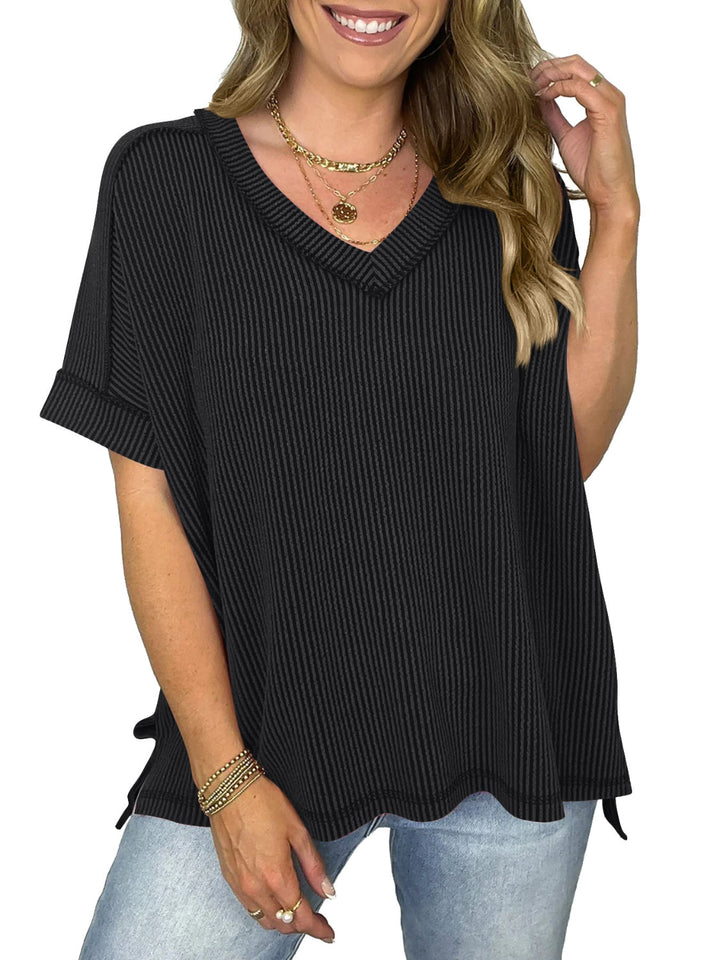 Drune | Cord-Ripp V-Ausschnitt Kurzarm T-Shirt