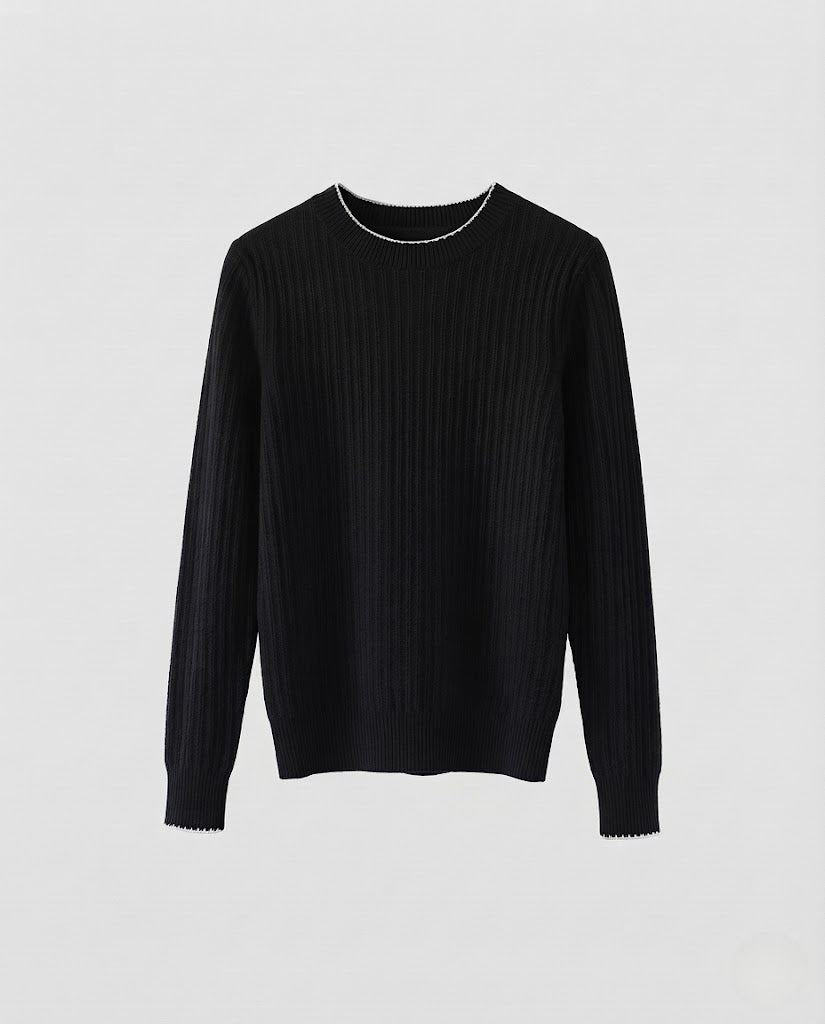 Damen Feiner Rippenstrick-Pullover mit kontrastierter Kantenverzierung und legerer Silhouette Drune