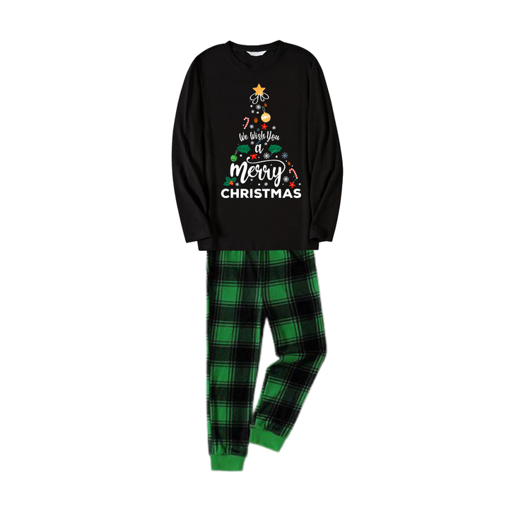 Drune | "Wir wünschen Ihnen ein frohes Weihnachtsfest" Bedrucktes Muster Schwarzes Langarmtop mit Schwarz- und Grünkarierten Hosen Paar Matching Pyjamas