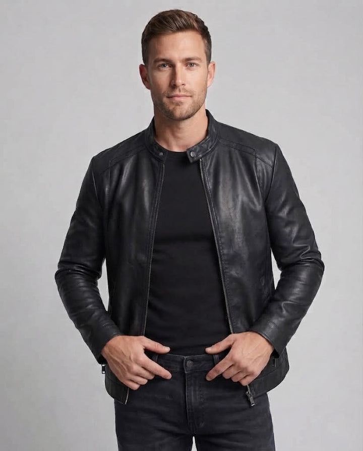 Herren Modische Kunstlederjacke mit Stehkragen Drune 1788321813