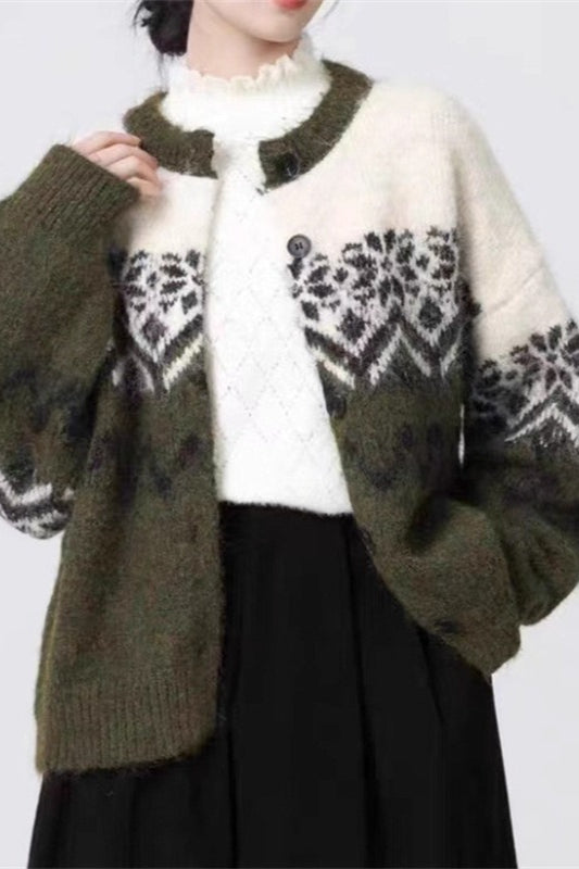 Drune | Retro Nordic Weihnachten Schneeflocke Jacquard Strickjacke