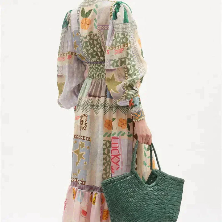 Drune | Böhmisches Maxikleid mit Patchwork und Fruchtmotiven