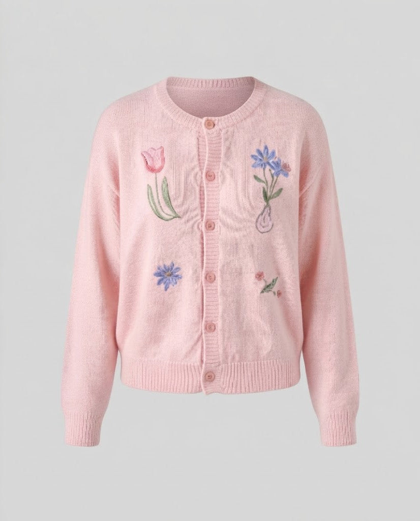 Damen Kurz geschnittener Feinstrick-Cardigan mit floraler Stickerei und Rundhalsausschnitt Drune